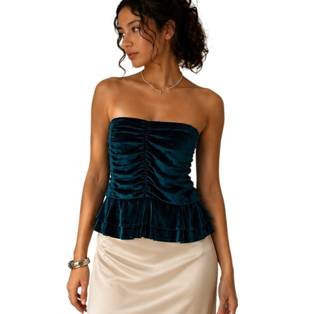 Strapless Peplum Tube Top Velvet Stretchy Ruched Teal M Y2K Romantic Party Glam